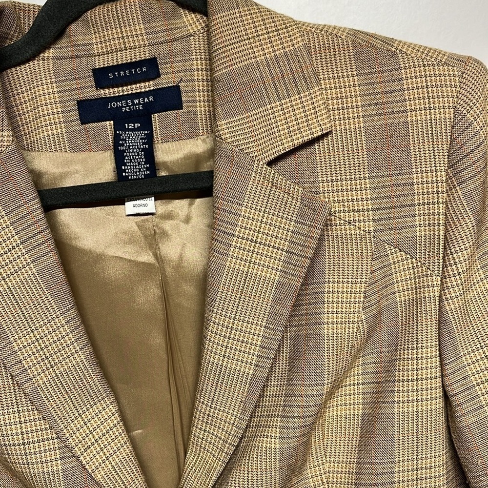Jones Wear Petite 12P Plaid Stretch Blazer Tan Brown Career Jacket Lined - Picture 11 of 11